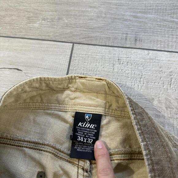 Kuhl Men’s Cargo Utility Pant RIOT Vinatge Patina dye 34x27 Tan Double Knee Work - Picture 3 of 11